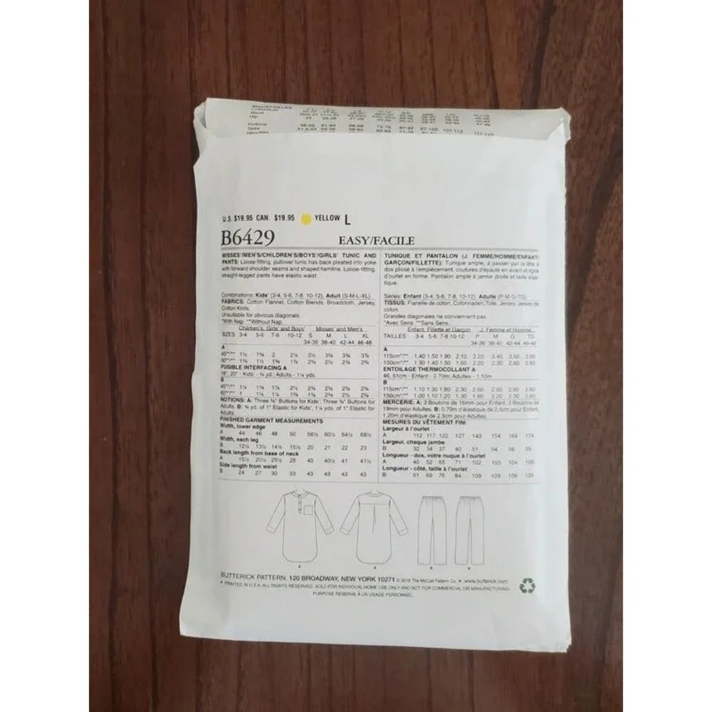 Butterick B6429 Adult Unisex Tunic Pants Sewing Pattern S M L XL Cut Complete